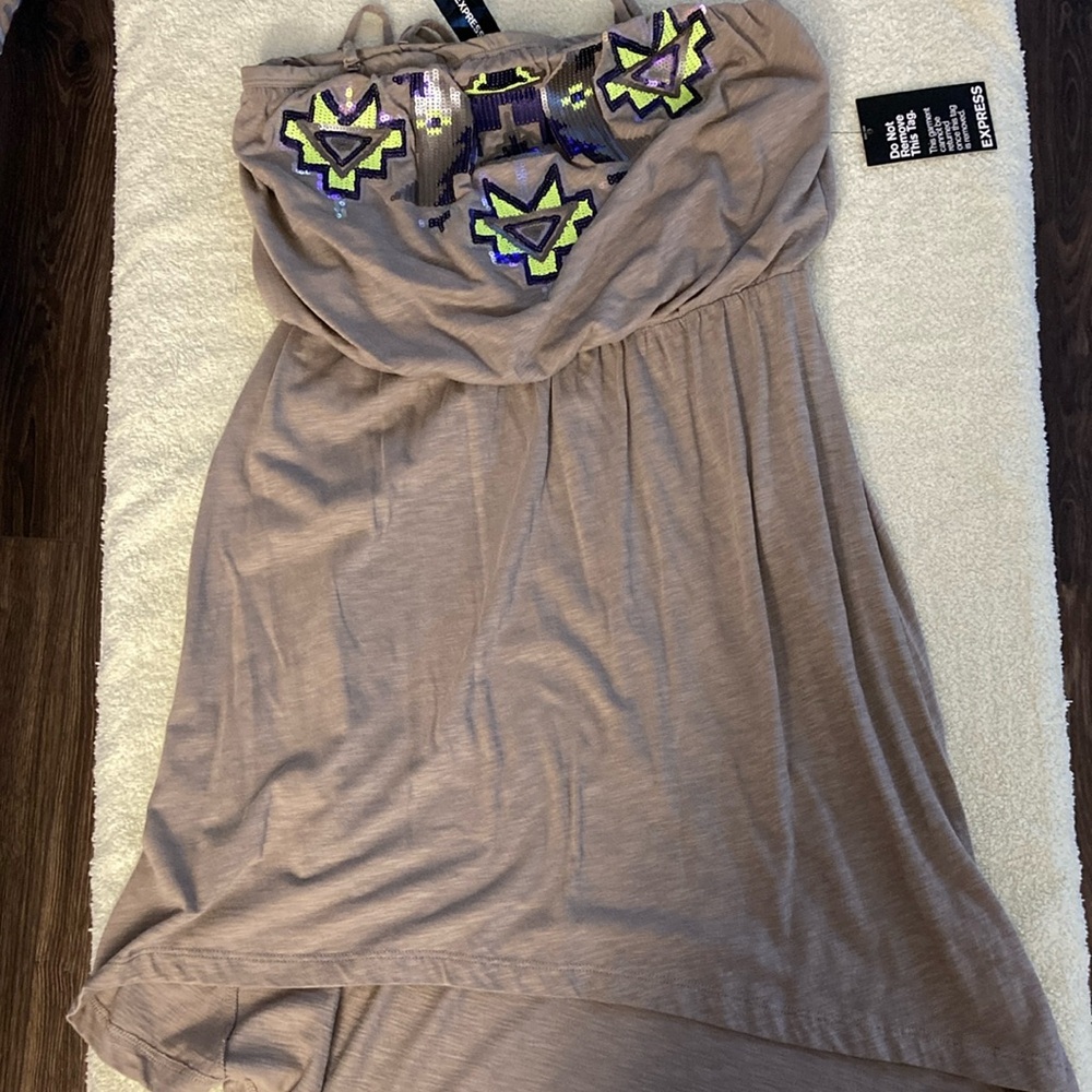 Express High Low Dress with Embellished Bodice - Tan and Purple